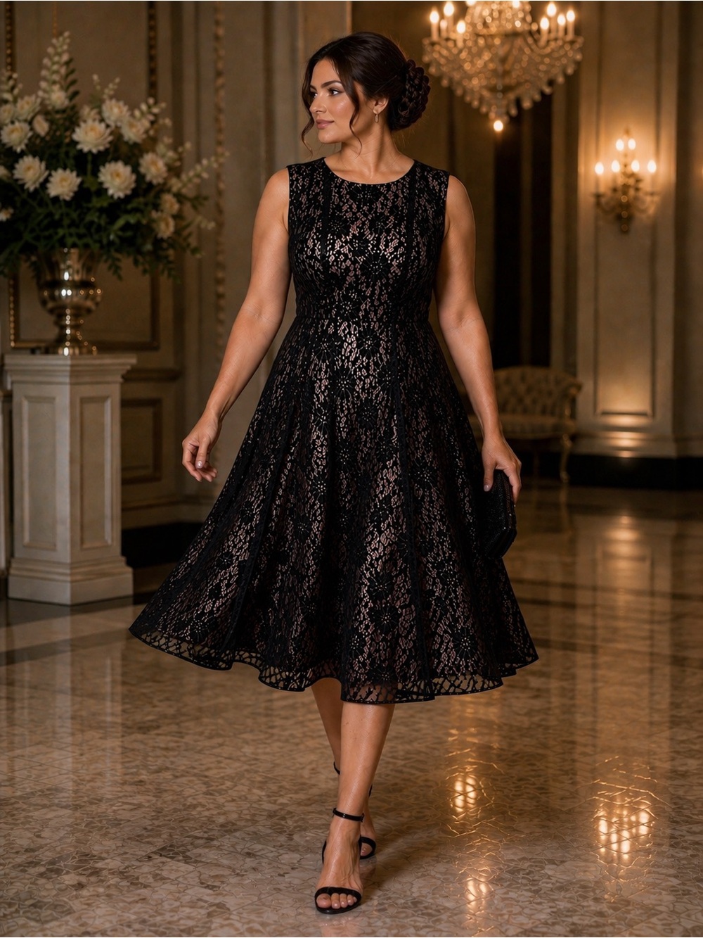 Elegant Black Lace Fit-and-Flare Dress
